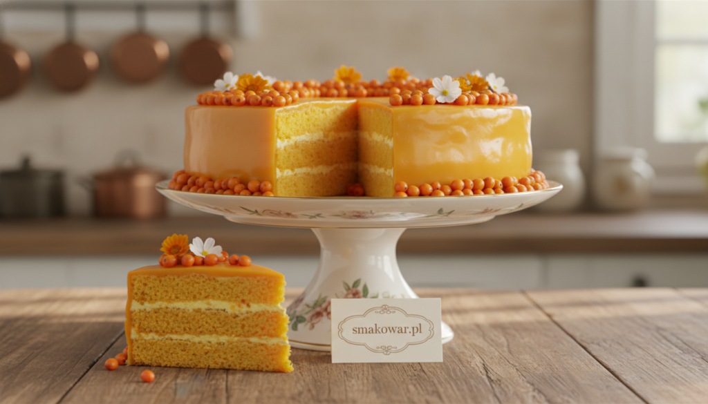 A beautifully arranged Sanddorntorte, showcasing the vibrant orange layers made from sea buckthorn berries, elegantly displayed on a vintage porcelain cake stand. The foreground features a slice of the cake with a glossy, silky glaze, revealing its fluffy interior. In the middle, the entire cake is adorned with fresh sea buckthorn berries and delicate edible flowers, adding a touch of elegance. The background captures a softly blurred kitchen setting with warm, inviting lighting that enhances the golden-orange hues of the cake, creating a cozy and welcoming atmosphere. The image should evoke a sense of indulgence and joy, perfect for a delightful dessert experience. The brand name "smakowar.pl" subtly incorporated into the scene, enhancing the presentation without overwhelming the focus on the cake.