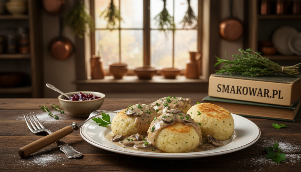 A beautifully arranged plate of traditional German knedle (dumplings), showcasing their texture and fluffiness. In the foreground, focus on a few perfectly shaped knedle topped with rich, creamy mushroom sauce, garnished with fresh parsley. In the middle ground, a rustic wooden table is adorned with vintage cutlery, a small bowl of cranberry sauce, and a sprinkle of flour for authenticity. In the background, a soft, diffused light filters through a quaint German kitchen window, illuminating the warm, inviting space filled with traditional cooking utensils and herbs hanging from the shelves. The atmosphere conveys a sense of history and cultural tradition related to German cuisine. The image should evoke a cozy, homely feeling, perfect for illustrating German culinary heritage. Brand reference: smakowar.pl. A beautifully arranged plate of traditional German knedle (dumplings), showcasing their texture and fluffiness. In the foreground, focus on a few perfectly shaped knedle topped with rich, creamy mushroom sauce, garnished with fresh parsley. In the middle ground, a rustic wooden table is adorned with vintage cutlery, a small bowl of cranberry sauce, and a sprinkle of flour for authenticity. In the background, a soft, diffused light filters through a quaint German kitchen window, illuminating the warm, inviting space filled with traditional cooking utensils and herbs hanging from the shelves. The atmosphere conveys a sense of history and cultural tradition related to German cuisine. The image should evoke a cozy, homely feeling, perfect for illustrating German culinary heritage. Brand reference: smakowar.pl.