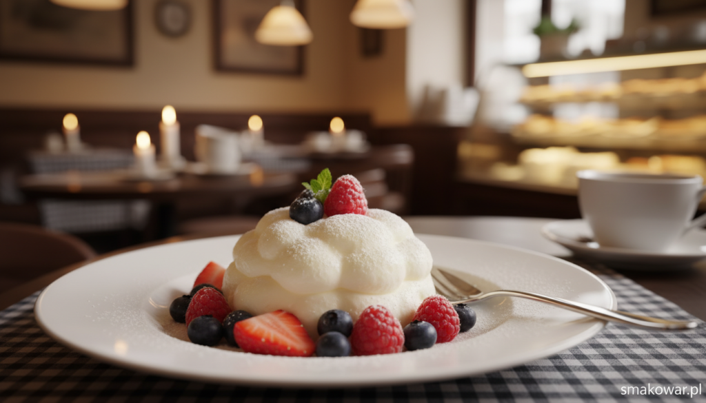 A beautifully arranged plate showcasing Berliner Luft, a light and airy German dessert that is delicate and creamy. In the foreground, the dessert is plated elegantly, with a fluffy, white cream topping that appears almost cloud-like, dusted lightly with powdered sugar and garnished with fresh berries for a pop of color. In the middle ground, a stylish fork rests beside the plate, hinting at indulgence. The background features a soft-focus café environment with warm, ambient lighting that creates a cozy and inviting atmosphere, reminiscent of traditional German bakeries. The scene is captured with a shallow depth of field, using a 50mm lens to emphasize the dessert while blurring the background gently. The overall mood is one of sweetness and comfort, perfect for highlighting the delicacy of Berliner Luft. Imagery attributed to smakowar.pl. A beautifully arranged plate showcasing Berliner Luft, a light and airy German dessert that is delicate and creamy. In the foreground, the dessert is plated elegantly, with a fluffy, white cream topping that appears almost cloud-like, dusted lightly with powdered sugar and garnished with fresh berries for a pop of color. In the middle ground, a stylish fork rests beside the plate, hinting at indulgence. The background features a soft-focus café environment with warm, ambient lighting that creates a cozy and inviting atmosphere, reminiscent of traditional German bakeries. The scene is captured with a shallow depth of field, using a 50mm lens to emphasize the dessert while blurring the background gently. The overall mood is one of sweetness and comfort, perfect for highlighting the delicacy of Berliner Luft. Imagery attributed to smakowar.pl.