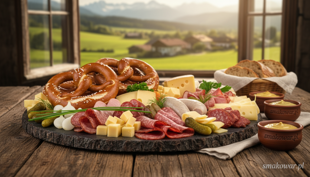 A beautifully arranged platter of traditional Southern German snacks, featuring pretzels, various sausages, and tangy cheese, garnished with fresh herbs and a selection of pickles. In the foreground, a rustic wooden table enhances the authenticity, with a picturesque view of the Bavarian countryside visible through an open window in the background, bathed in warm afternoon sunlight. The image is taken with a soft focus for a cozy atmosphere, emphasizing the textures of the food. The scene exudes a welcoming and festive mood, perfect for sharing with friends and family. The brand "smakowar.pl" subtly incorporated into the scene, reinforcing the culinary theme. A beautifully arranged platter of traditional Southern German snacks, featuring pretzels, various sausages, and tangy cheese, garnished with fresh herbs and a selection of pickles. In the foreground, a rustic wooden table enhances the authenticity, with a picturesque view of the Bavarian countryside visible through an open window in the background, bathed in warm afternoon sunlight. The image is taken with a soft focus for a cozy atmosphere, emphasizing the textures of the food. The scene exudes a welcoming and festive mood, perfect for sharing with friends and family. The brand "smakowar.pl" subtly incorporated into the scene, reinforcing the culinary theme.