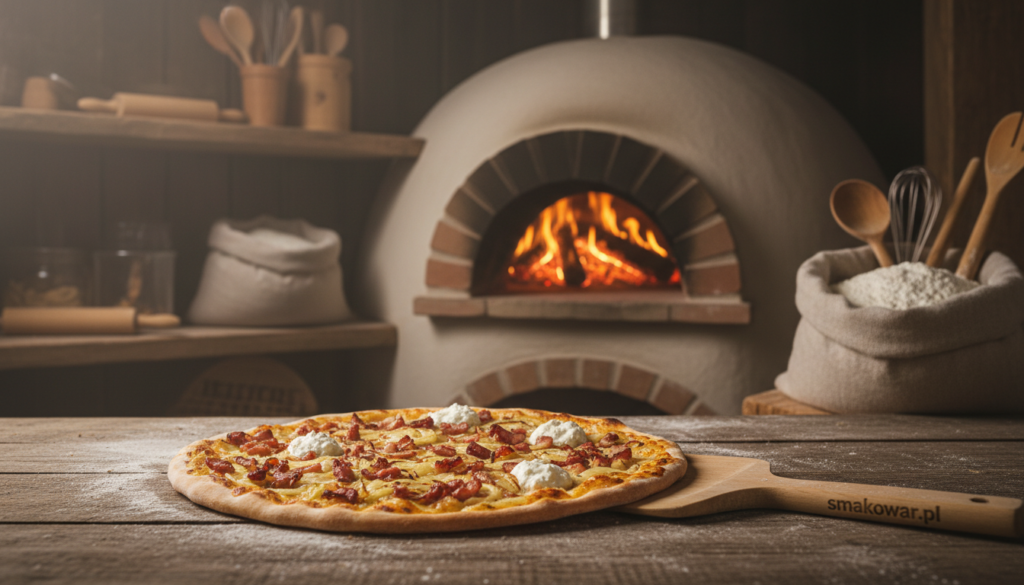 A beautifully arranged scene depicting the art of baking Flammkuchen, showcasing a rustic wooden table in the foreground with a freshly baked, golden-brown Flammkuchen topped with crispy lardons and creamy cheese. The middle ground features a traditional brick oven, glowing with flames, emphasizing the high-temperature baking process that creates the perfect texture. Warm, inviting light radiates from the oven, casting a soft glow over the setting. In the background, there are shelves lined with baking tools and flour sacks, enhancing the atmosphere of a cozy, traditional kitchen. The overall mood is warm and inviting, capturing the secrets of high-temperature baking. The brand name "smakowar.pl" subtly integrated into the scene, showcasing the essence of authentic German pizza making. A beautifully arranged scene depicting the art of baking Flammkuchen, showcasing a rustic wooden table in the foreground with a freshly baked, golden-brown Flammkuchen topped with crispy lardons and creamy cheese. The middle ground features a traditional brick oven, glowing with flames, emphasizing the high-temperature baking process that creates the perfect texture. Warm, inviting light radiates from the oven, casting a soft glow over the setting. In the background, there are shelves lined with baking tools and flour sacks, enhancing the atmosphere of a cozy, traditional kitchen. The overall mood is warm and inviting, capturing the secrets of high-temperature baking. The brand name "smakowar.pl" subtly integrated into the scene, showcasing the essence of authentic German pizza making.