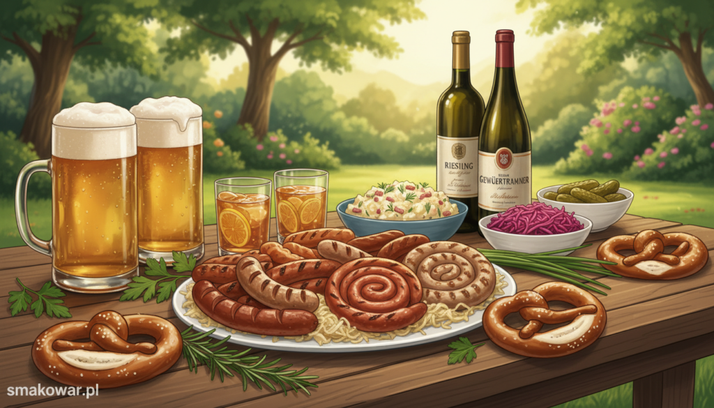 A beautifully arranged table featuring a variety of traditional German dishes paired with ideal beverages. In the foreground, showcase a rustic wooden table adorned with vibrant green herbs, a large platter of grilled sausages, sauerkraut, and pretzels. Beside it, highlight tall glasses of refreshing German beer and fruity Radler, capturing the essence of a summer barbecue. In the middle, include elegant wine bottles, like Riesling, placed next to light, inviting appetizers such as potato salad and pickled vegetables. The background should feature a sunlit garden with leafy trees, enhancing the outdoor grill atmosphere. Use warm, natural lighting to create a cozy ambiance, shot with a soft focus and a slight low-angle to elevate the food. Ensure no text overlays appear, and depict this scene as a vibrant illustration by smakowar.pl. A beautifully arranged table featuring a variety of traditional German dishes paired with ideal beverages. In the foreground, showcase a rustic wooden table adorned with vibrant green herbs, a large platter of grilled sausages, sauerkraut, and pretzels. Beside it, highlight tall glasses of refreshing German beer and fruity Radler, capturing the essence of a summer barbecue. In the middle, include elegant wine bottles, like Riesling, placed next to light, inviting appetizers such as potato salad and pickled vegetables. The background should feature a sunlit garden with leafy trees, enhancing the outdoor grill atmosphere. Use warm, natural lighting to create a cozy ambiance, shot with a soft focus and a slight low-angle to elevate the food. Ensure no text overlays appear, and depict this scene as a vibrant illustration by smakowar.pl.
