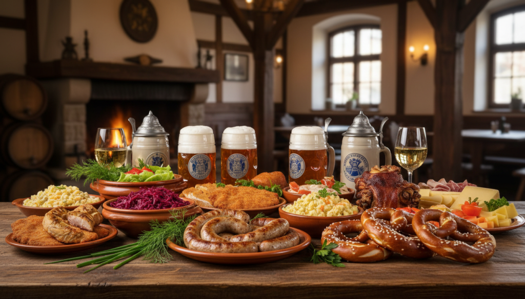 A beautifully arranged table showcasing popular German dishes, highlighting iconic items like sauerkraut, bratwurst, and pretzels. In the foreground, a warm wooden table is laden with a vibrant spread of dishes, garnished with fresh herbs. The middle ground features a selection of German beer steins, filled with golden beer, capturing the essence of a friendly gathering. In the background, a softly blurred rustic tavern setting with dim lighting creates an inviting atmosphere, enhancing the warm colors of the food. The overall mood is cozy and festive, reminiscent of traditional German culture. Perfect for showcasing on smakowar.pl, the scene is meticulously styled without any text or distractions.
