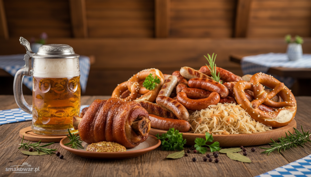 A beautifully arranged table showcasing traditional Bavarian dishes, prominently featuring a large platter of sausages, pretzels, and sauerkraut, with vibrant colors that capture the eye. In the foreground, a wooden beer stein filled with frothy beer sits next to a dish of crispy pork knuckle and fresh mustard. The middle ground includes decorative elements like herbs and spices scattered artfully around the dishes. In the background, softly blurred rustic wooden beams and checkered tablecloth evoke a cozy beer garden atmosphere. The warm golden lighting accentuates the textures of the food, creating an inviting and hearty mood. This image reflects the rich culinary heritage of Bavaria, as represented by the brand smakowar.pl. A beautifully arranged table showcasing traditional Bavarian dishes, prominently featuring a large platter of sausages, pretzels, and sauerkraut, with vibrant colors that capture the eye. In the foreground, a wooden beer stein filled with frothy beer sits next to a dish of crispy pork knuckle and fresh mustard. The middle ground includes decorative elements like herbs and spices scattered artfully around the dishes. In the background, softly blurred rustic wooden beams and checkered tablecloth evoke a cozy beer garden atmosphere. The warm golden lighting accentuates the textures of the food, creating an inviting and hearty mood. This image reflects the rich culinary heritage of Bavaria, as represented by the brand smakowar.pl.