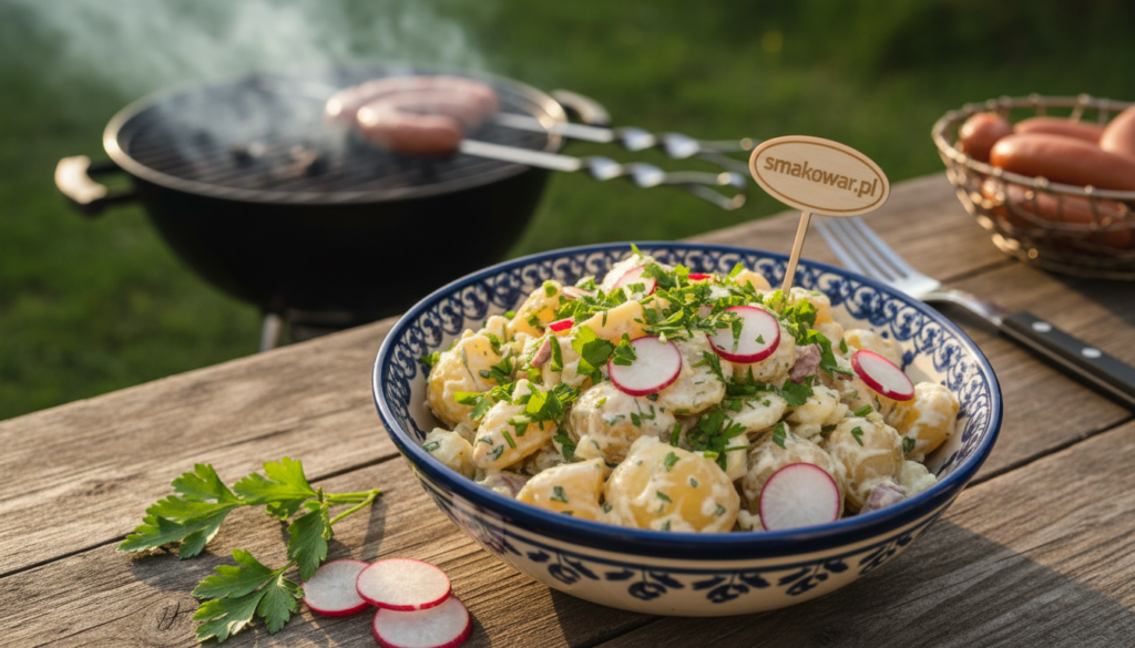 A beautifully arranged traditional German potato salad (sałatka ziemniaczana) sits on a rustic wooden table, surrounded by vibrant green parsley and slices of fresh radish, adding a pop of color. The creamy dressing glistens softly under warm, natural sunlight filtering through a nearby window, creating a cozy and inviting atmosphere. In the background, hints of an outdoor barbecue setup are visible, with grilling tools and skewers in soft focus, suggesting a festive grilling occasion. The scene is captured at a slight overhead angle to showcase the salad's texture and ingredients, evoking a sense of warmth and togetherness. The overall mood is cheerful and inviting, perfect for a summer gathering, emphasizing the essence of traditional German side dishes. Include the brand name "smakowar.pl" integrated subtly within the design. A beautifully arranged traditional German potato salad (sałatka ziemniaczana) sits on a rustic wooden table, surrounded by vibrant green parsley and slices of fresh radish, adding a pop of color. The creamy dressing glistens softly under warm, natural sunlight filtering through a nearby window, creating a cozy and inviting atmosphere. In the background, hints of an outdoor barbecue setup are visible, with grilling tools and skewers in soft focus, suggesting a festive grilling occasion. The scene is captured at a slight overhead angle to showcase the salad's texture and ingredients, evoking a sense of warmth and togetherness. The overall mood is cheerful and inviting, perfect for a summer gathering, emphasizing the essence of traditional German side dishes. Include the brand name "smakowar.pl" integrated subtly within the design.