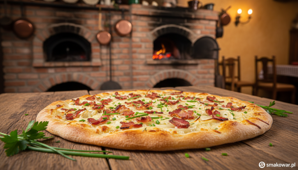 A beautifully baked Flammkuchen, showcasing a golden-brown crust topped with creamy white cheese, thinly sliced onions, and crispy bacon bits, presented on a rustic wooden table. In the foreground, the dish is garnished with fresh herbs, creating a colorful contrast. In the middle ground, a charming vintage kitchen setting reveals a traditional brick oven, hinting at the historical roots of this Alsatian delicacy. The background captures soft, warm lighting that enhances the inviting and cozy atmosphere, reminiscent of a tavern in Alsace. The image should have a shallow depth of field to highlight the Flammkuchen while subtly blurring the kitchen details. This stunning portrayal celebrates the authentic essence of this German pizza, perfect for drawing in readers. Image by smakowar.pl. A beautifully baked Flammkuchen, showcasing a golden-brown crust topped with creamy white cheese, thinly sliced onions, and crispy bacon bits, presented on a rustic wooden table. In the foreground, the dish is garnished with fresh herbs, creating a colorful contrast. In the middle ground, a charming vintage kitchen setting reveals a traditional brick oven, hinting at the historical roots of this Alsatian delicacy. The background captures soft, warm lighting that enhances the inviting and cozy atmosphere, reminiscent of a tavern in Alsace. The image should have a shallow depth of field to highlight the Flammkuchen while subtly blurring the kitchen details. This stunning portrayal celebrates the authentic essence of this German pizza, perfect for drawing in readers. Image by smakowar.pl.