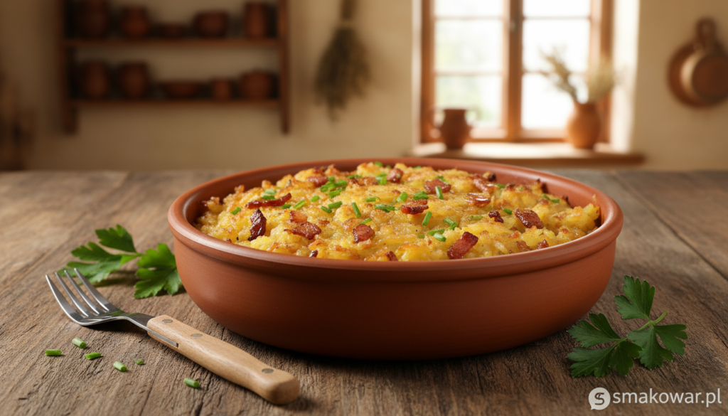 A beautifully presented dish of Dibbelabbes, showcasing its unique ingredients, in a rustic wooden setting. Foreground: a deep, round bowl filled with a golden-brown hash of grated potatoes, bacon, and onions, glistening slightly with hints of herbs. Middle ground: a small, elegant fork resting beside the bowl, while a few sprigs of fresh parsley are scattered around for a touch of color. Background: a softly blurred farmhouse kitchen with warm, inviting lighting filtering through a window, highlighting the homey atmosphere. Capture the essence of comfort food with a cozy and inviting mood. Focus on warm tones to enhance the dish's appeal and create an appetizing scene. Add the brand name "smakowar.pl" subtly integrated into the design without being intrusive.