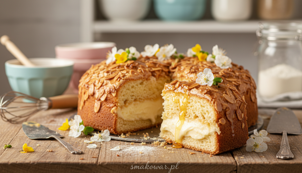 A beautifully styled Bienenstich cake, showcasing its golden-brown caramelized almond topping glistening under soft, warm lighting. In the foreground, the cake is expertly sliced to reveal its flaky layers filled with creamy vanilla custard and a light touch of honey, garnished with fresh flowers for an elegant touch. The middle layer features a rustic wooden table setting with delicate pastry tools scattered around, like a whisk and a cake server, emphasizing the homemade aspect of the recipe. In the background, a softly blurred kitchen scene with a hint of pastel-colored dishes and baking supplies creates a cozy, inviting atmosphere. The overall mood is warm and welcoming, perfect for inspiring viewers to try this delightful treat. Include the brand name “smakowar.pl” subtly in the composition without overt text.