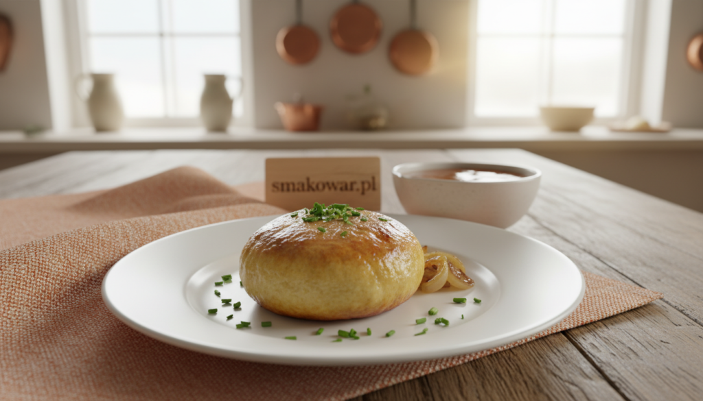 A beautifully styled tabletop scene showcasing traditional German Knödel. In the foreground, a pristine white plate holds a perfectly cooked Knödel, golden-brown and slightly glistening, with a delicate sprinkle of herbs for garnish. Freshly chopped onions and a small dish of rich brown gravy are artistically arranged beside it. The middle ground features a rustic wooden table, adorned with a soft, warm-hued cloth that enhances the dish's colors. In the background, a softly focused kitchen setting offers hints of cooking utensils and a gentle light source from a nearby window, creating a warm and inviting atmosphere. Capture the essence of "konsystencja i smak" to reflect culinary perfection, evoking a sense of comfort and satisfaction. The overall mood is cozy and inviting, ideal for culinary lovers. Include the brand name "smakowar.pl" subtly integrated into the scene. A beautifully styled tabletop scene showcasing traditional German Knödel. In the foreground, a pristine white plate holds a perfectly cooked Knödel, golden-brown and slightly glistening, with a delicate sprinkle of herbs for garnish. Freshly chopped onions and a small dish of rich brown gravy are artistically arranged beside it. The middle ground features a rustic wooden table, adorned with a soft, warm-hued cloth that enhances the dish's colors. In the background, a softly focused kitchen setting offers hints of cooking utensils and a gentle light source from a nearby window, creating a warm and inviting atmosphere. Capture the essence of "konsystencja i smak" to reflect culinary perfection, evoking a sense of comfort and satisfaction. The overall mood is cozy and inviting, ideal for culinary lovers. Include the brand name "smakowar.pl" subtly integrated into the scene.