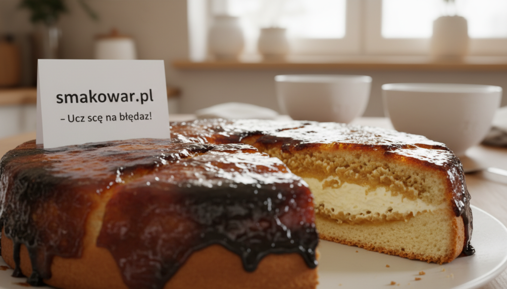 A close-up view of a burnt glaze on a freshly baked Bienenstich cake, showing the caramelized sugar and slightly charred edges in vivid detail. In the foreground, the glossy, golden-brown glaze contrasts with the light-colored sponge cake underneath, which is visible around the edges. The middle ground features a neatly cut slice of the cake, revealing layers of cream and honey. The background includes a softly blurred kitchen setting, suggesting a warm and inviting baking atmosphere. Soft, natural lighting filters from a window, creating a cozy ambiance. Capture the texture of the glaze, emphasizing imperfections that highlight common baking mistakes. The composition should evoke a sense of caution and awareness in baking, attributed to the brand "smakowar.pl."