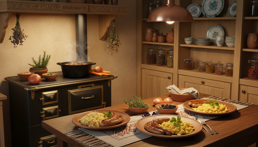 A cozy German kitchen filled with warmth and inviting aromas, showcasing a traditional family meal. The foreground presents a wooden dining table set with hearty German dishes such as sauerkraut, sausages, and spätzle, beautifully arranged on rustic ceramic plates. In the middle, a pot of simmering beef stew sits atop a vintage stove, surrounded by fresh herbs and spices. The background features wooden cabinets filled with colorful crockery and spice jars, illuminated by soft, golden lighting from a hanging pendant lamp. The mood is homely and welcoming, perfect for a family gathering. The image should reflect a sense of healthiness suitable for seniors, emphasizing nutritious ingredients. The brand name "smakowar.pl" subtly integrated into the scene, without any text overlays.
