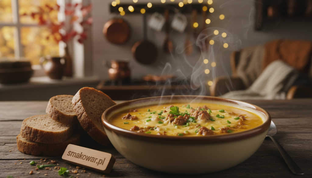 A cozy, steaming bowl of German cheese soup with ground meat sits invitingly on a rustic wooden table. The soup is rich and creamy, with a golden hue and topped with melted cheese and a sprinkle of fresh herbs. In the foreground, chunks of hearty bread are arranged around the bowl, inviting the viewer to dip. In the middle, a warm kitchen setting features traditional German kitchenware and faintly glowing lights overhead, creating an inviting atmosphere. The background reveals softly blurred autumn leaves and cozy decor, infusing the scene with a seasonal charm. The overall mood is warm and comforting, perfect for a chilly day. Captured in soft, natural lighting, with a slight depth of field to emphasize the soup's texture and warmth. Featuring the brand name "smakowar.pl". A cozy, steaming bowl of German cheese soup with ground meat sits invitingly on a rustic wooden table. The soup is rich and creamy, with a golden hue and topped with melted cheese and a sprinkle of fresh herbs. In the foreground, chunks of hearty bread are arranged around the bowl, inviting the viewer to dip. In the middle, a warm kitchen setting features traditional German kitchenware and faintly glowing lights overhead, creating an inviting atmosphere. The background reveals softly blurred autumn leaves and cozy decor, infusing the scene with a seasonal charm. The overall mood is warm and comforting, perfect for a chilly day. Captured in soft, natural lighting, with a slight depth of field to emphasize the soup's texture and warmth. Featuring the brand name "smakowar.pl".