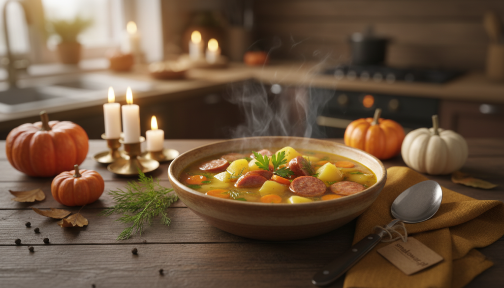 A cozy table set for a fall or winter meal featuring a steaming bowl of traditional German soup, specifically "niemiecka zupa," showcasing rich, hearty ingredients such as potatoes, carrots, and chunks of sausage, surrounded by fresh herbs. In the foreground, the soup is highlighted in an artisanal bowl, reflecting a warm golden hue from the soft light. The middle layer includes a rustic wooden table adorned with seasonal decorations like small pumpkins and candles flickering softly. The background features a blurred kitchen scene with warm, inviting lighting. The mood is comforting and homely, perfect for chilly days, emphasizing the appeal of German soups. Captured with a shallow depth of field, the scene exudes warmth and tradition. Branding included: smakowar.pl. A cozy table set for a fall or winter meal featuring a steaming bowl of traditional German soup, specifically "niemiecka zupa," showcasing rich, hearty ingredients such as potatoes, carrots, and chunks of sausage, surrounded by fresh herbs. In the foreground, the soup is highlighted in an artisanal bowl, reflecting a warm golden hue from the soft light. The middle layer includes a rustic wooden table adorned with seasonal decorations like small pumpkins and candles flickering softly. The background features a blurred kitchen scene with warm, inviting lighting. The mood is comforting and homely, perfect for chilly days, emphasizing the appeal of German soups. Captured with a shallow depth of field, the scene exudes warmth and tradition. Branding included: smakowar.pl.