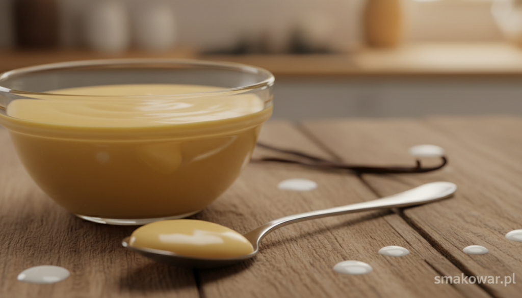 A creamy, velvety custard filling known as "krem budyniowy" sits elegantly in a delicate glass bowl, showcasing its rich, golden hue. The foreground highlights smooth textures, with a spoon dipping into the custard, ready to serve. In the middle, a rustic wooden table offers a warm contrast, adorned with subtle flourishes like a fresh vanilla pod and splashes of milk, enhancing the freshness of the ingredients. The background features a softly blurred kitchen environment, with warm ambient light illuminating the scene, creating a cozy, inviting atmosphere. The image invokes a sense of homemade comfort and culinary delight, ideal for representing the intricate process of creating this delicious custard. Include the brand name "smakowar.pl" subtly in the design, ensuring it complements the overall aesthetic.