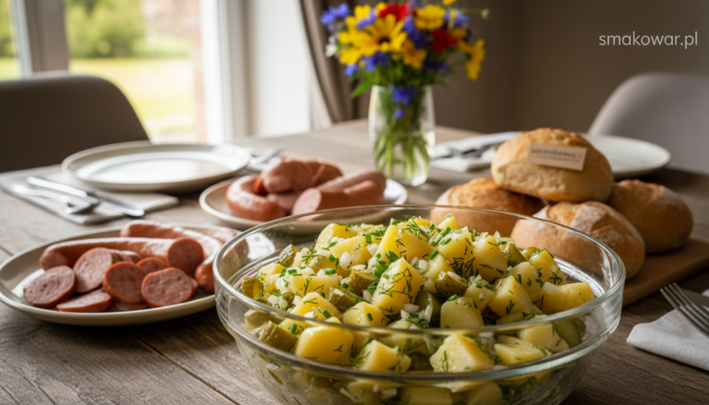 A delicious German potato salad presented in an elegant glass bowl, in the foreground. The salad features boiled potatoes diced into perfect cubes, mixed with finely chopped onions, crunchy pickles, and fresh herbs, glistening with a light vinaigrette dressing. Surrounding the bowl are small plates with slices of German sausages and fresh bread loaves, creating a warm family dining atmosphere. In the middle background, a rustic wooden dining table is set with simple cutlery, and a vibrant bouquet of wildflowers adds a touch of color. Natural light filters through a nearby window, casting soft shadows and enhancing the cozy feel of a typical German family meal. Captured with a 35mm lens at a slightly tilted angle for depth, evoking a welcoming mood. Brand: smakowar.pl.