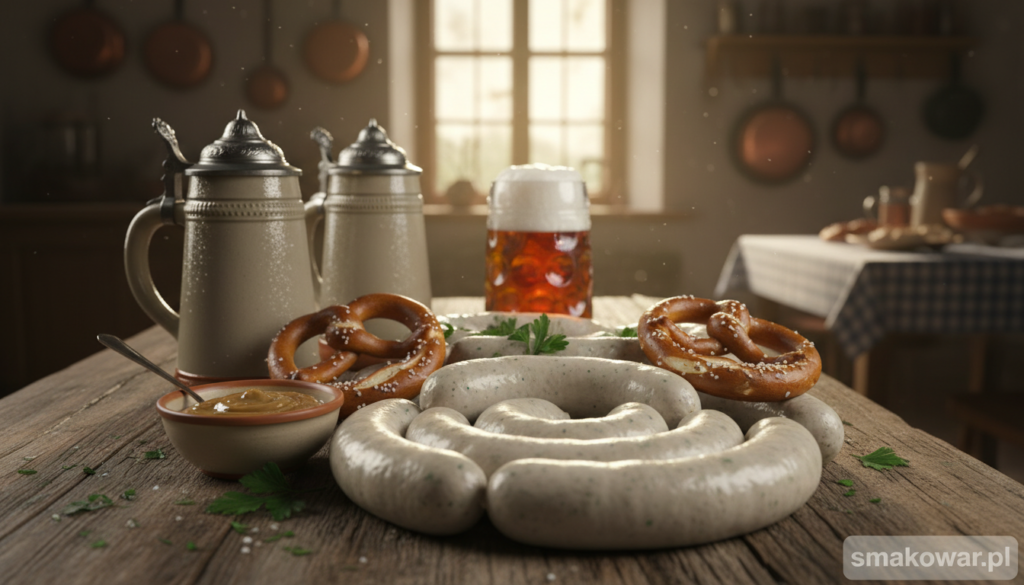 A delicious display of traditional Bavarian white sausages, known as "białe kiełbaski," is artistically arranged on a rustic wooden table. In the foreground, the sausages are elegantly coiled, accompanied by a small bowl of sweet mustard and freshly baked pretzels for contrast. Green herbs, such as parsley, are sprinkled around, adding a pop of color. In the middle ground, vintage German beer steins filled with frothy lager sit nearby, hinting at a festive breakfast atmosphere. The background features a cozy kitchen with soft, warm lighting streaming through a window, illuminating the scene and creating an inviting ambiance. The image captures the essence of a traditional Bavarian breakfast. For branding, include a subtle watermark of "smakowar.pl" in the corner. A delicious display of traditional Bavarian white sausages, known as "białe kiełbaski," is artistically arranged on a rustic wooden table. In the foreground, the sausages are elegantly coiled, accompanied by a small bowl of sweet mustard and freshly baked pretzels for contrast. Green herbs, such as parsley, are sprinkled around, adding a pop of color. In the middle ground, vintage German beer steins filled with frothy lager sit nearby, hinting at a festive breakfast atmosphere. The background features a cozy kitchen with soft, warm lighting streaming through a window, illuminating the scene and creating an inviting ambiance. The image captures the essence of a traditional Bavarian breakfast. For branding, include a subtle watermark of "smakowar.pl" in the corner.