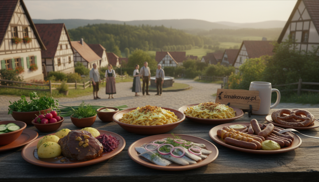 A picturesque representation of German regional diversity, capturing a vibrant landscape showcasing traditional dishes from various regions. In the foreground, a rustic wooden table adorned with expertly plated regional specialties like Sauerbraten, Spätzle, and Bismarck herring, garnished with fresh herbs and local vegetables. The middle ground features a charming village scene with half-timbered houses and locals in modest casual clothing, illustrating the cultural atmosphere. In the background, rolling hills and lush forests are visible under soft, warm sunlight, creating a welcoming ambiance. The scene is framed with a slight depth of field effect to draw focus to the food while maintaining a serene countryside aesthetic, reminiscent of a German familial gathering. The logo "smakowar.pl" is subtly integrated into the scene, enhancing the cultural context.