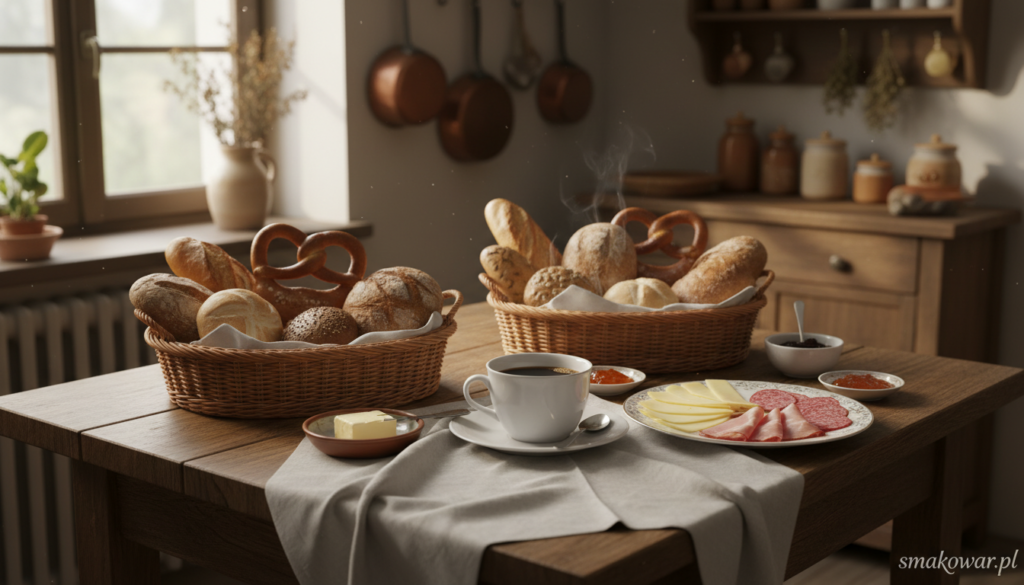 A rustic wooden breakfast table set for a traditional German morning meal, featuring an array of freshly baked breads like pretzels, rolls, and rye bread. The foreground showcases a soft white cloth draped over the table, with bread baskets overflowing with grains and a small dish of butter nearby. In the middle, a steaming cup of coffee and a delicate porcelain plate with sliced cheeses and cold cuts complement the bread display. The background has a charming kitchen setting with warm sunlight streaming through a window, casting soft shadows and creating a cozy atmosphere. The scene reflects the significance of bread in German culture. This image is brought to you by smakowar.pl.