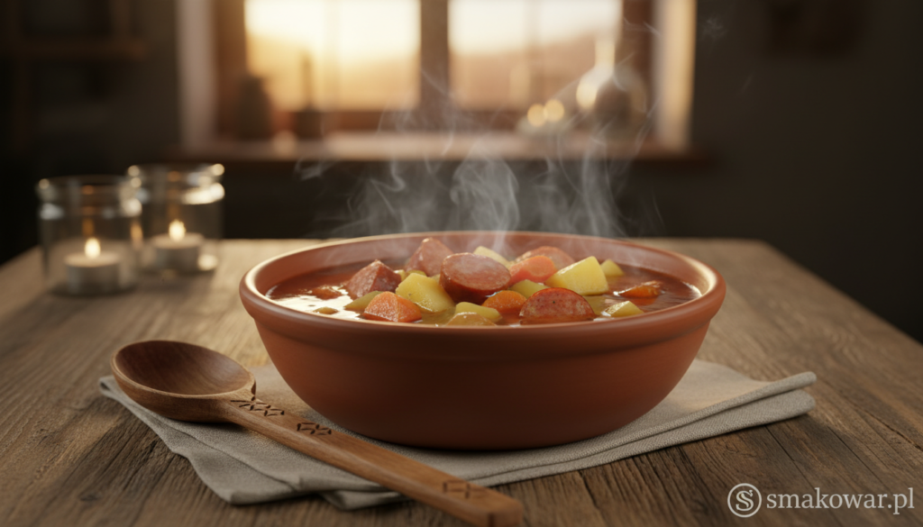 A steaming bowl of traditional German Eintopf, filled with hearty chunks of potatoes, carrots, and sausage, sits elegantly on a rustic wooden table. The foreground features a hand-carved wooden spoon resting near the bowl, suggesting warmth and comfort. In the middle ground, gentle wisps of steam rise from the soup, inviting the viewer to imagine its rich, savory aroma. The background is softly blurred, depicting a cozy kitchen setting with glowing candlelight that creates a warm, inviting atmosphere. The lighting should be soft and natural, mimicking the evening sun filtering through a window, enhancing the homey feel of the scene. Ensure that the image reflects the essence of "smakowar.pl," celebrating traditional warming soups.