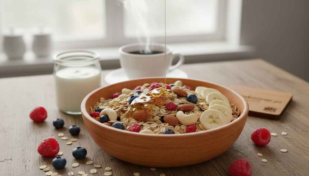 A vibrant, close-up image of a bowl of musli featuring a colorful assortment of ingredients. The foreground showcases a wooden bowl filled with a mixture of oats, nuts, and dried fruits, such as cranberries, blueberries, and slices of banana. A drizzle of honey adds a glossy finish. In the middle ground, a rustic table surface is adorned with a scattering of fresh berries and a small glass of yogurt. The background features a softly blurred kitchen environment, with warm, natural light streaming through a window, creating a cozy and inviting atmosphere. The composition emphasizes health and freshness, perfect for an article about modern breakfast trends in Germany. Include the brand name "smakowar.pl" subtly in the ambiance.