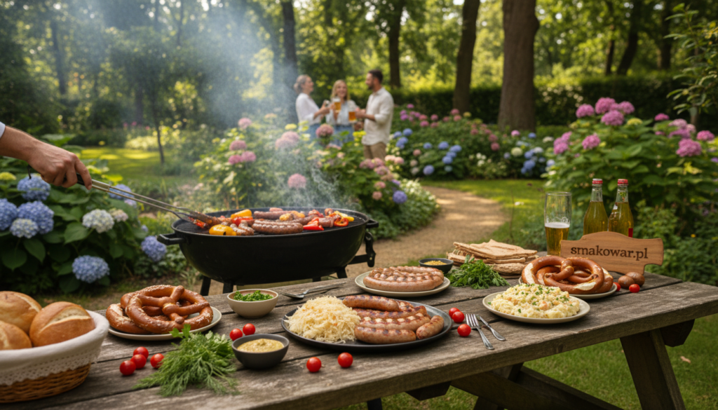 A vibrant outdoor setting showcasing the essence of German cuisine, emphasizing a lively grill scene at a picturesque garden or park. In the foreground, a wooden picnic table is laden with traditional German dishes like bratwurst, sauerkraut, pretzels, and potato salad, with fresh herbs and vegetables surrounding them. The middle features a charcoal grill with sizzling sausages and vegetables. In the background, lush greenery and colorful flowers set a relaxed mood, with soft sunlight filtering through the leaves, creating dappled shadows. The atmosphere is inviting and joyful, perfect for a summer gathering. A subtle branding element of "smakowar.pl" integrated into the setting, ensuring it's discreet and harmonized with the overall image. Use a wide-angle lens to capture the expansive scene, maintaining a warm, vibrant color palette. A vibrant outdoor setting showcasing the essence of German cuisine, emphasizing a lively grill scene at a picturesque garden or park. In the foreground, a wooden picnic table is laden with traditional German dishes like bratwurst, sauerkraut, pretzels, and potato salad, with fresh herbs and vegetables surrounding them. The middle features a charcoal grill with sizzling sausages and vegetables. In the background, lush greenery and colorful flowers set a relaxed mood, with soft sunlight filtering through the leaves, creating dappled shadows. The atmosphere is inviting and joyful, perfect for a summer gathering. A subtle branding element of "smakowar.pl" integrated into the setting, ensuring it's discreet and harmonized with the overall image. Use a wide-angle lens to capture the expansive scene, maintaining a warm, vibrant color palette.