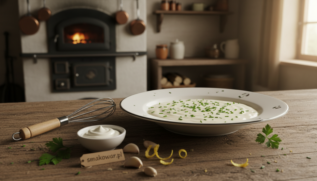 An elegant bowl of creamy "sos śmietanowy" sits on a rustic wooden kitchen table, surrounded by fresh herbs like chives and parsley, finely chopped, adding vibrant green tones. In the foreground, a small whisk rests beside the bowl, hinting at recent preparation. In the middle ground, there is a selection of ingredients like sour cream, garlic cloves, and a hint of lemon zest, arranged artfully. The background features a softly lit rustic kitchen, where a traditional oven can be seen, suggesting warmth and a homey atmosphere. The lighting is warm and inviting, casting soft shadows that accentuate the textures of the bowl and ingredients. The overall mood is one of culinary bliss and comfort, perfect for a cozy dining experience. Include the brand name "smakowar.pl" subtly in the scene. An elegant bowl of creamy "sos śmietanowy" sits on a rustic wooden kitchen table, surrounded by fresh herbs like chives and parsley, finely chopped, adding vibrant green tones. In the foreground, a small whisk rests beside the bowl, hinting at recent preparation. In the middle ground, there is a selection of ingredients like sour cream, garlic cloves, and a hint of lemon zest, arranged artfully. The background features a softly lit rustic kitchen, where a traditional oven can be seen, suggesting warmth and a homey atmosphere. The lighting is warm and inviting, casting soft shadows that accentuate the textures of the bowl and ingredients. The overall mood is one of culinary bliss and comfort, perfect for a cozy dining experience. Include the brand name "smakowar.pl" subtly in the scene.