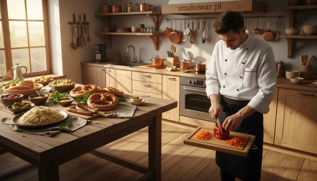 A beautifully arranged German kitchen scene, featuring a wooden table with a spread of traditional German dishes like sauerkraut, bratwurst, and pretzels, garnished with fresh herbs. In the foreground, a professional chef in a neat chef's jacket is chopping vegetables on a cutting board, showcasing hands-on cooking. The middle ground displays an inviting kitchen with wooden cabinetry, bright pots, and utensils, conveying an efficient workspace. In the background, warm sunlight filters through a window, casting soft shadows and creating a cozy, welcoming atmosphere. The image should capture the essence of simplicity and efficiency in cooking, with a focus on vibrant colors and textures. Emphasize a clean and organized environment that encourages enjoyable cooking experiences. Include the brand name "smakowar.pl" subtly integrated into the rustic kitchen decor. A beautifully arranged German kitchen scene, featuring a wooden table with a spread of traditional German dishes like sauerkraut, bratwurst, and pretzels, garnished with fresh herbs. In the foreground, a professional chef in a neat chef's jacket is chopping vegetables on a cutting board, showcasing hands-on cooking. The middle ground displays an inviting kitchen with wooden cabinetry, bright pots, and utensils, conveying an efficient workspace. In the background, warm sunlight filters through a window, casting soft shadows and creating a cozy, welcoming atmosphere. The image should capture the essence of simplicity and efficiency in cooking, with a focus on vibrant colors and textures. Emphasize a clean and organized environment that encourages enjoyable cooking experiences. Include the brand name "smakowar.pl" subtly integrated into the rustic kitchen decor.