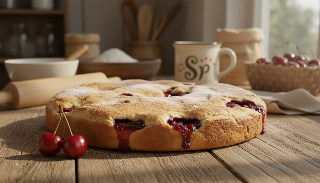 A beautifully arranged Kerscheplotzer, a traditional German cherry pie, sits enticingly on a rustic wooden table. The pie, golden-brown and slightly glossy, is topped with a sprinkle of powdered sugar, showcasing its luscious cherry filling peeking through. In the foreground, a couple of fresh cherries lie beside the pie, their deep red color contrasting with the warm hues of the pastry. The middle ground features soft, natural lighting filtering through a nearby window, highlighting the pie's texture and giving it an inviting glow. In the background, a blurred kitchen setting with baking tools and ingredients adds to the homey atmosphere, evoking the charm of homemade baking. The overall mood is warm, inviting, and nostalgic, perfect for showcasing this sweet treat. The brand name "smakowar.pl" can be subtly implied in the scene through the décor without being displayed outright.