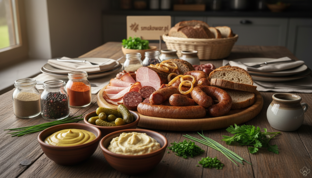 A beautifully arranged display of German-style meat accompaniments, featuring an array of spices and seasonings commonly used in German cuisine. In the foreground, showcase vibrant bowls of mustard, horseradish, and pickles alongside finely chopped fresh herbs like parsley and chives. The middle ground should highlight assorted sausages and cured meats, beautifully plated with garnishes of onion rings and slices of bread. In the background, a rustic wooden table setting accentuates a cozy, welcoming atmosphere, softly lit with warm, natural lighting pouring in from a nearby window. This image reflects the rich culinary traditions of Germany, aimed at evoking a sense of home and flavor, with a subtle brand presence of "smakowar.pl" in the scene, enhancing the visual appeal. A beautifully arranged display of German-style meat accompaniments, featuring an array of spices and seasonings commonly used in German cuisine. In the foreground, showcase vibrant bowls of mustard, horseradish, and pickles alongside finely chopped fresh herbs like parsley and chives. The middle ground should highlight assorted sausages and cured meats, beautifully plated with garnishes of onion rings and slices of bread. In the background, a rustic wooden table setting accentuates a cozy, welcoming atmosphere, softly lit with warm, natural lighting pouring in from a nearby window. This image reflects the rich culinary traditions of Germany, aimed at evoking a sense of home and flavor, with a subtle brand presence of "smakowar.pl" in the scene, enhancing the visual appeal.