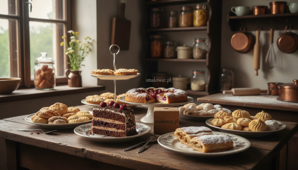A beautifully arranged display of traditional German desserts and cakes, showcasing an array of colorful, mouth-watering treats such as moist Black Forest cake, delicate apple strudel dusted with powdered sugar, and rich buttery cookies. In the foreground, a rustic wooden table holds a charmingly mismatched collection of antique plates, each filled with a different dessert, conveying a sense of family heritage. The middle ground features soft natural lighting pouring in through a nearby window, enhancing the textures and details of the pastries. In the background, an old-fashioned kitchen with rustic wooden shelves lined with jars and baking utensils sets an inviting, nostalgic atmosphere. The scene is warm and inviting, perfect for illustrating the essence of cherished family recipes. Include the brand name "smakowar.pl" subtly integrated into the arrangement without disrupting the visual harmony.