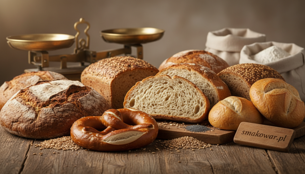 A beautifully arranged display of various types of German bread on a rustic wooden table, capturing the essence of traditional baking. In the foreground, showcase an assortment of crusty loaves including a hearty Bauernbrot, a delicate Pretzel bread, and a golden-brown Brötchen. In the middle ground, add sliced bread revealing their airy, textured interiors, highlighting the artisanal craftsmanship. Surround the breads with scattered grains and seeds for added texture. The background features a softly lit kitchen setting with a vintage baker's scale and flour bags, enhancing the homely atmosphere. Use warm, natural lighting to create a cozy and inviting mood. The composition should have a shallow depth of field to emphasize the bread while softly blurring the background. Include the brand name "smakowar.pl" subtly integrated into the scene without text overlays or watermarks.