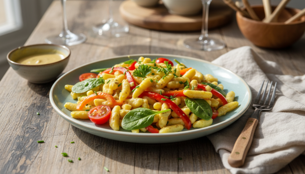A beautifully arranged plate of Spätzle salad, showcasing the traditional German dish served cold. The foreground features a serving of fluffy, yellow Spätzle noodles mixed with vibrant, fresh vegetables—crispy bell peppers, cherry tomatoes, and leafy greens. A light drizzle of creamy dressing enhances the colors and textures. In the middle, a sprinkle of fresh herbs adds a pop of green. The background includes a rustic wooden table setting, subtly blurred to keep the focus on the salad. Soft, natural lighting illuminates the scene, casting gentle shadows and creating a warm, inviting atmosphere. The image reflects a casual, yet elegant presentation suitable for a gathering, embodying the essence of "smakowar.pl" with its delightful flavors and textures.