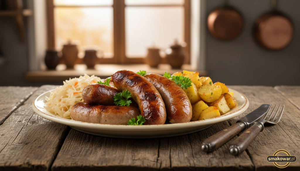 A beautifully arranged plate of traditional "kiełbasa" sausages, featuring a mix of grilled and pan-fried varieties, glistening with a slight sheen of oil. The sausages are garnished with fresh parsley and served alongside tangy sauerkraut and crispy roasted potatoes, creating a rustic and inviting atmosphere. In the foreground, a rustic wooden table adds texture, while in the middle ground, a vintage-style knife and fork are placed artfully beside the dish. The background features a blurred view of a cozy kitchen setting, warmly lit to evoke a sense of comfort and homeliness. The image captures the essence of budget-friendly German cuisine, with natural lighting enhancing the food's colors and textures. Brand logo subtly visible in the corner: "smakowar.pl". A beautifully arranged plate of traditional "kiełbasa" sausages, featuring a mix of grilled and pan-fried varieties, glistening with a slight sheen of oil. The sausages are garnished with fresh parsley and served alongside tangy sauerkraut and crispy roasted potatoes, creating a rustic and inviting atmosphere. In the foreground, a rustic wooden table adds texture, while in the middle ground, a vintage-style knife and fork are placed artfully beside the dish. The background features a blurred view of a cozy kitchen setting, warmly lit to evoke a sense of comfort and homeliness. The image captures the essence of budget-friendly German cuisine, with natural lighting enhancing the food's colors and textures. Brand logo subtly visible in the corner: "smakowar.pl".