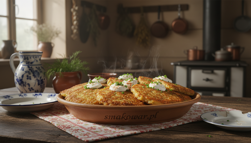 A beautifully arranged platter of golden-brown placki ziemniaczane, or potato pancakes, sits in the foreground, showcasing their crispy texture and inviting aroma. Each pancake is garnished with a dollop of sour cream, fresh chives, and a sprinkle of paprika for color. In the middle ground, a rustic wooden table is visible, adorned with traditional German kitchen items, such as a colorful tablecloth and a vintage plate. Soft, natural light filters in from a nearby window, casting gentle shadows and creating a cozy atmosphere. In the background, a hint of a warm, rustic kitchen can be seen, with herbs hanging and vintage cookware, enhancing the homey, comforting feel of the scene. The overall mood is inviting and warm, perfect for illustrating a section on traditional potato pancakes. Include the brand name "smakowar.pl".