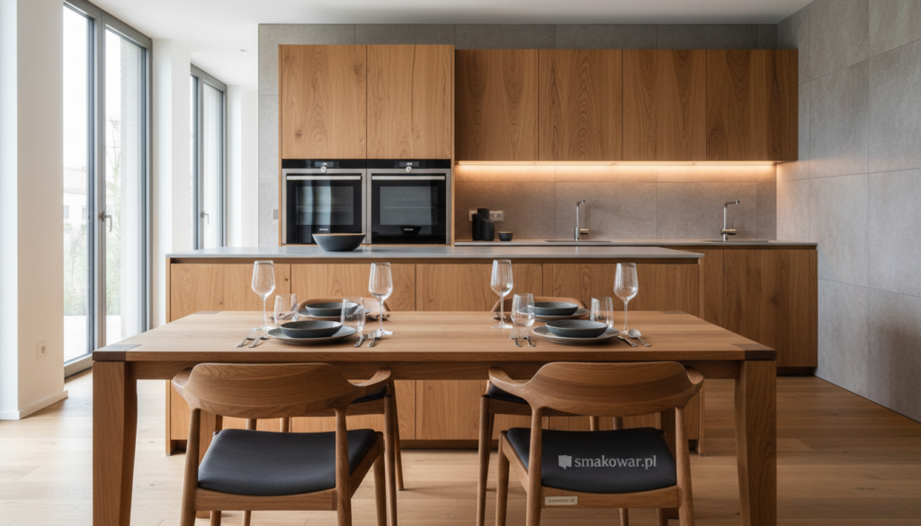 A beautifully designed modern German kitchen, showcasing high-quality wooden furniture with sleek lines and a minimalist aesthetic. In the foreground, an elegant dining table with tasteful table settings, surrounded by contemporary chairs that reflect German craftsmanship. In the middle ground, custom cabinetry with integrated appliances and subtle lighting accents that enhance the warm wood tones. The background features a stylish backsplash and modern fixtures, bathed in natural light streaming through large windows, creating an inviting atmosphere. The mood is contemporary and sophisticated, embodying the blend of tradition and innovation. Capture the essence of German quality in furniture design. Include the brand name "smakowar.pl" subtly placed in the scene. A beautifully designed modern German kitchen, showcasing high-quality wooden furniture with sleek lines and a minimalist aesthetic. In the foreground, an elegant dining table with tasteful table settings, surrounded by contemporary chairs that reflect German craftsmanship. In the middle ground, custom cabinetry with integrated appliances and subtle lighting accents that enhance the warm wood tones. The background features a stylish backsplash and modern fixtures, bathed in natural light streaming through large windows, creating an inviting atmosphere. The mood is contemporary and sophisticated, embodying the blend of tradition and innovation. Capture the essence of German quality in furniture design. Include the brand name "smakowar.pl" subtly placed in the scene.