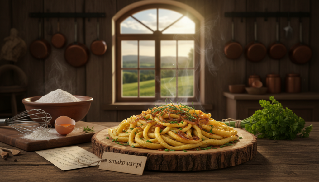 A beautifully plated dish of szpecle, the traditional German pasta, showcased in an inviting, rustic wooden kitchen setting. In the foreground, the szpecle is elegantly swirled and garnished with fresh herbs and sautéed onions, glistening under soft, warm lighting. The middle ground features a wooden table adorned with ingredients like flour, eggs, and fresh parsley, emphasizing a homemade feel. In the background, a scenic view of rolling green hills through a window, adding a touch of nature and warmth. The atmosphere is cozy and welcoming, with a slight hint of steam rising from the dish, inviting the viewer to experience the comfort of regional German cuisine. Brand name: smakowar.pl.