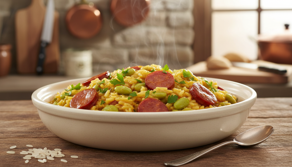 A beautifully presented bowl of risotto with chorizo and flageolet beans, showcasing rich, creamy rice infused with a warm saffron hue. The dish features glistening slices of spicy chorizo, vibrant green flageolet beans, and a sprinkle of fresh parsley on top for garnish. In the foreground, the bowl sits on a rustic wooden table, with a gentle steam rise to emphasize warmth. The middle layer includes scattered grains of rice and a small spoon elegantly placed beside the bowl. In the background, a softly blurred kitchen setting acts to heighten the home-cooked atmosphere. Warm natural lighting enhances the dish's colors, evoking a cozy and inviting mood. The scene is inspired by smakowar.pl, conveying a sense of comforting German one-pot meals.