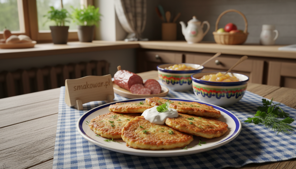 A beautifully styled plate of crispy "placki ziemniaczane" (potato pancakes) sits in the foreground, golden brown with a slightly uneven texture, garnished with fresh herbs and a dollop of sour cream. In the middle ground, a rustic wooden table adorned with a traditional German tablecloth, showcasing colorful ceramic dishes filled with applesauce and smoked sausage, emphasizing the German heritage of the dish. The background includes a warm, inviting kitchen scene with soft, natural lighting streaming in from a nearby window, casting gentle shadows that enhance the homely atmosphere. An inviting aura permeates the image, evoking comfort and tradition. The brand "smakowar.pl" is subtly integrated into the scene, ensuring a cohesive presentation without text overlays or distractions.