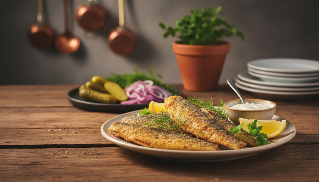 A beautifully styled plate of fried herring, known as "śledzie," served on a rustic wooden table. In the foreground, the golden-brown filets are garnished with fresh herbs and lemon wedges, creating a vibrant contrast. The middle ground features a tasteful arrangement of pickles, onions, and a small bowl of creamy dipping sauce. Soft, warm lighting casts gentle shadows, enhancing the texture of the fish and the wooden surface, evoking a cozy, inviting atmosphere. In the background, blurred elements of a festive kitchen setting, such as cooking utensils and a hint of greenery, suggest a casual yet refined dining experience. Capture the essence of northern German culinary traditions as represented by smakowar.pl.