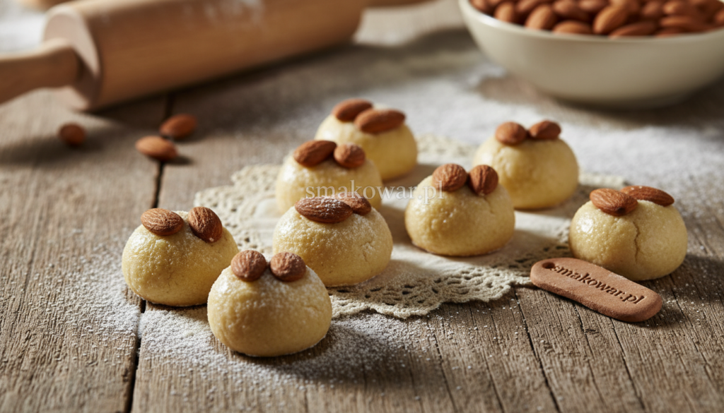 A close-up of beautifully arranged Bethmännchen marzipan cookies on a rustic wooden table. The cookies are shaped like small round balls, each decorated with whole almonds on top. The foreground features a few cookies dusted with powdered sugar, showcasing their shiny, smooth surface. In the middle, a delicate lace cloth brings softness to the scene, enhancing the homely feel. The background includes soft-focus kitchen elements, like a rolling pin and a bowl of whole almonds, indicating the baking process. Warm, natural lighting floods the scene, casting gentle shadows and highlighting the textures of the marzipan. The mood is inviting and cozy, perfect for a home-baked treat. The brand name "smakowar.pl" subtly blends into the composition without any text overlays.