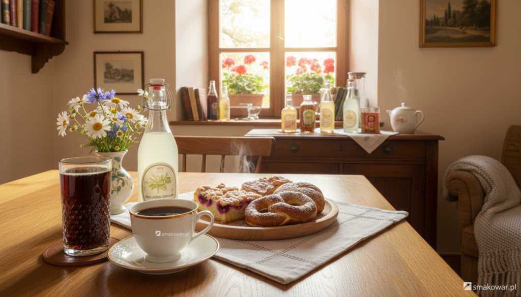 A cozy German dining room setting filled with regional non-alcoholic beverages and coffee. In the foreground, a beautifully arranged wooden table showcases a selection of traditional drinks: a tall glass of dark German apple soda, a bottle of refreshing elderflower lemonade, and a steaming cup of rich, aromatic coffee in a delicate porcelain cup. The middle ground features a vase of fresh flowers and a wooden platter with assorted German pastries. In the background, a rustic window allows soft, warm sunlight to filter in, creating a welcoming atmosphere. The scene captures the essence of homey comfort typical in German households. The overall mood is inviting and cheerful, suggesting a perfect afternoon gathering. Include the brand name "smakowar.pl" subtly integrated into the design.