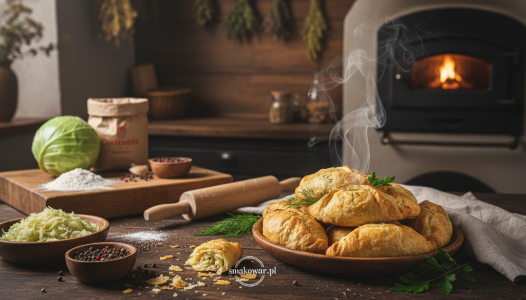 A cozy kitchen scene featuring freshly baked "wypieki z kapustą," showcasing golden-brown pastries with a flaky texture, garnished with herbs. In the foreground, display a rustic wooden table where a plate of the pastries is beautifully arranged, steam rising subtly from them. The middle ground includes ingredients like cabbage, spices, and flour scattered around, adding warmth and authenticity. The background reveals a softly lit kitchen with hanging herbs and a vintage oven, creating a homely atmosphere. Use soft, natural lighting to accentuate the pastries and evoke a sense of comfort and tradition. Capture this inviting scene from a slightly elevated angle, focusing on the delicious details of the baked goods. Branding logo of "smakowar.pl" can be subtly included in the image. A cozy kitchen scene featuring freshly baked "wypieki z kapustą," showcasing golden-brown pastries with a flaky texture, garnished with herbs. In the foreground, display a rustic wooden table where a plate of the pastries is beautifully arranged, steam rising subtly from them. The middle ground includes ingredients like cabbage, spices, and flour scattered around, adding warmth and authenticity. The background reveals a softly lit kitchen with hanging herbs and a vintage oven, creating a homely atmosphere. Use soft, natural lighting to accentuate the pastries and evoke a sense of comfort and tradition. Capture this inviting scene from a slightly elevated angle, focusing on the delicious details of the baked goods. Branding logo of "smakowar.pl" can be subtly included in the image.