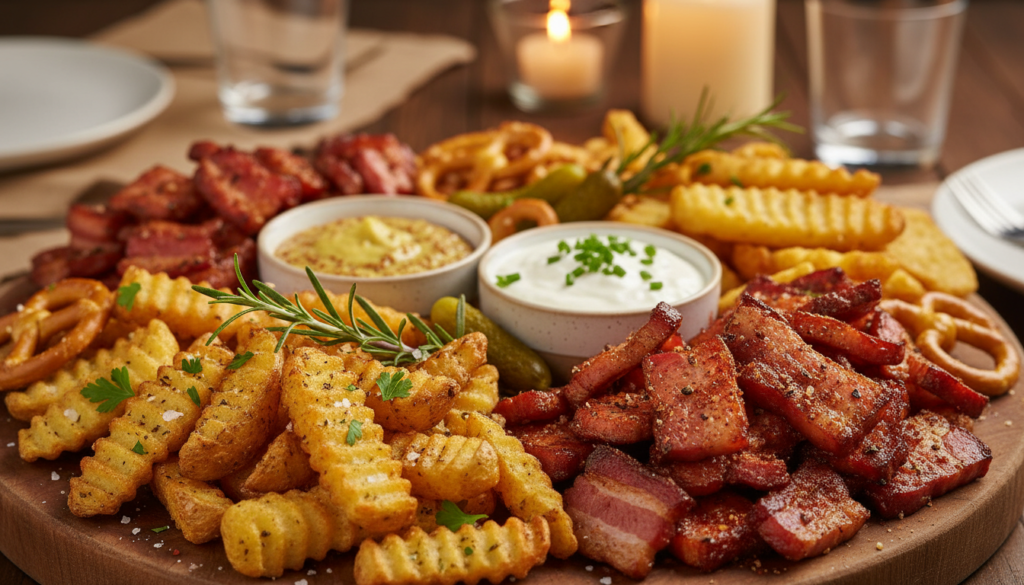 A delicious platter featuring crispy fried potatoes and savory bacon bites, beautifully arranged for a festive gathering. In the foreground, golden-brown potato wedges dusted with herbs sit beside perfectly cooked bacon strips, glistening with seasoning. The middle includes a selection of dipping sauces, such as tangy mustard and rich sour cream, adding color and appeal. The background is softly blurred, suggesting a cozy dining atmosphere with warm lighting that creates an inviting glow. The scene captures the essence of German snacks for a party, exuding comfort and indulgence. Perfect for showcasing on smakowar.pl, this image radiates a joyful and flavorful mood, inviting guests to enjoy these savory combinations.
