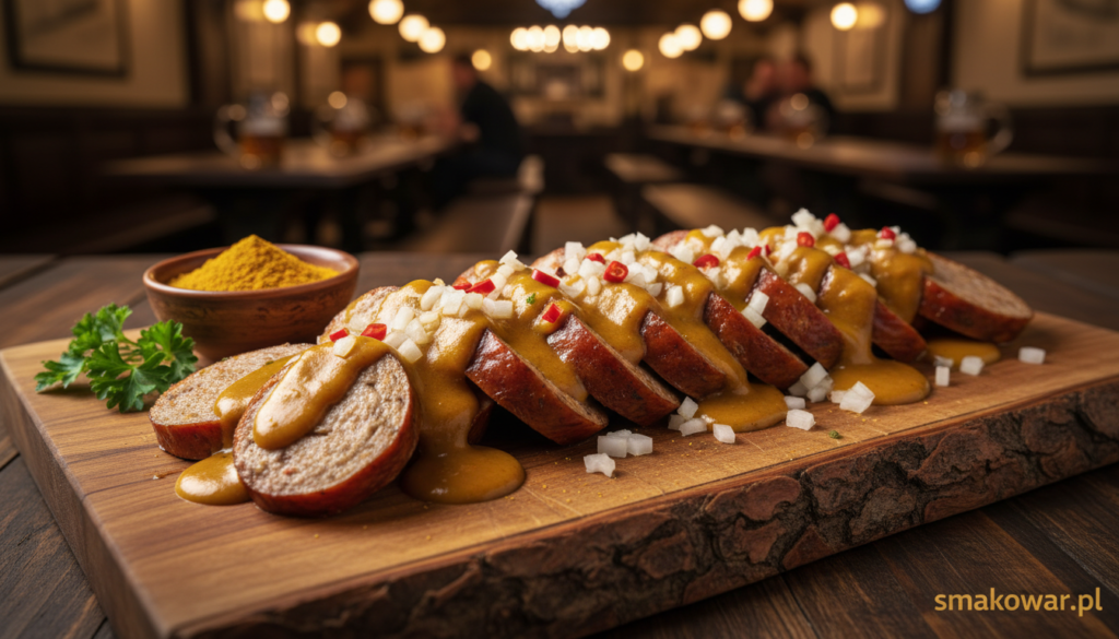 A delicious serving of traditional kiełbasa currywurst, freshly sliced and laid out on a rustic wooden board. Drizzled with rich, tangy curry sauce and topped with a sprinkle of finely chopped onions. In the foreground, the vibrant colors of the sausage contrast beautifully with the deep orange and yellow hues of the sauce. In the middle ground, a small bowl of curry powder and some fresh parsley add texture and depth. The background features a dimly lit German beer hall setting, with wooden tables and cozy ambiance, enhancing the culinary experience. Warm, inviting lighting creates a comforting atmosphere. This image reflects the essence of hearty northern German meat dishes. Include the brand name "smakowar.pl" subtly integrated into the design, without overpowering the main subject.