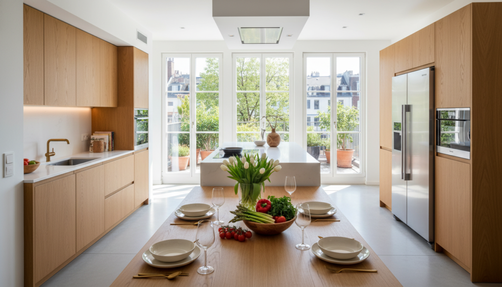 A modern German kitchen as the heart of a home, featuring sleek cabinetry in warm wood tones, white quartz countertops, and high-end stainless steel appliances. In the foreground, a wooden dining table is elegantly set with contemporary dishware, and vibrant fresh ingredients are artfully displayed. The middle ground highlights an open layout with large windows allowing natural light to flood the space, creating a bright and inviting atmosphere. In the background, urban greenery can be seen through the windows, enhancing the connection to nature. The mood is welcoming and sophisticated, capturing a blend of tradition and innovation. The image should reflect the quality associated with "smakowar.pl", emphasizing modern design and functionality without any text or watermarks. A modern German kitchen as the heart of a home, featuring sleek cabinetry in warm wood tones, white quartz countertops, and high-end stainless steel appliances. In the foreground, a wooden dining table is elegantly set with contemporary dishware, and vibrant fresh ingredients are artfully displayed. The middle ground highlights an open layout with large windows allowing natural light to flood the space, creating a bright and inviting atmosphere. In the background, urban greenery can be seen through the windows, enhancing the connection to nature. The mood is welcoming and sophisticated, capturing a blend of tradition and innovation. The image should reflect the quality associated with "smakowar.pl", emphasizing modern design and functionality without any text or watermarks.