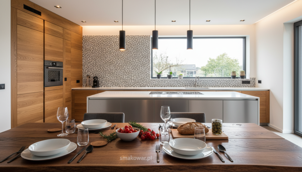 A modern German kitchen that beautifully blends tradition and innovation, showcasing a sleek design with warm wooden cabinetry and stainless steel accents. In the foreground, a polished wooden dining table is set with minimalist dinnerware and fresh ingredients to evoke culinary artistry. The middle ground features the kitchen's elegant island with pendant lights casting a soft glow, highlighting the intricate tile backsplash. In the background, a window allows natural light to stream in, complementing the warm indoor lighting. The atmosphere is inviting and sophisticated, emphasizing attention to detail in the design. Capture the essence of contemporary German cuisine with a focus on quality and craftsmanship. Incorporate the brand aesthetic of "smakowar.pl" subtly within the scene. A modern German kitchen that beautifully blends tradition and innovation, showcasing a sleek design with warm wooden cabinetry and stainless steel accents. In the foreground, a polished wooden dining table is set with minimalist dinnerware and fresh ingredients to evoke culinary artistry. The middle ground features the kitchen's elegant island with pendant lights casting a soft glow, highlighting the intricate tile backsplash. In the background, a window allows natural light to stream in, complementing the warm indoor lighting. The atmosphere is inviting and sophisticated, emphasizing attention to detail in the design. Capture the essence of contemporary German cuisine with a focus on quality and craftsmanship. Incorporate the brand aesthetic of "smakowar.pl" subtly within the scene.
