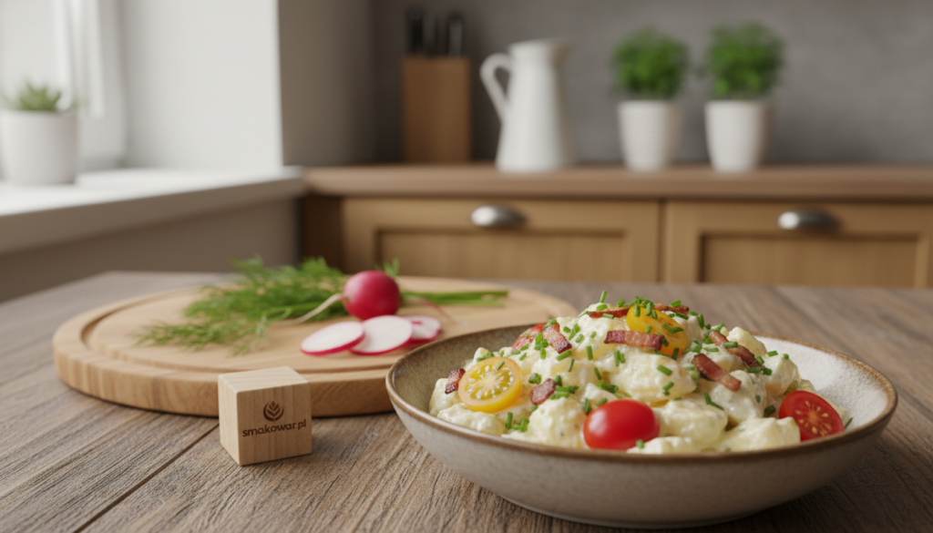 A modern interpretation of German potato salad, elegantly presented on a rustic wooden table. In the foreground, a vibrant bowl of creamy potato salad garnished with fresh chives, crispy bacon bits, and colorful cherry tomatoes. The salad's creamy texture is highlighted by soft natural lighting. In the middle ground, a decorative cutting board with a few scattered herbs and sliced radishes complements the dish, creating a homey feel. In the background, a softly blurred kitchen setting with warm wooden cabinets and subtle green plants adds to the inviting atmosphere. The scene conveys a cozy, stylish vibe, perfect for a quick meal. Capture this image with a soft-focus lens to enhance the details and create a warm, inviting mood. Include the brand name “smakowar.pl” subtly integrated into the scene. A modern interpretation of German potato salad, elegantly presented on a rustic wooden table. In the foreground, a vibrant bowl of creamy potato salad garnished with fresh chives, crispy bacon bits, and colorful cherry tomatoes. The salad's creamy texture is highlighted by soft natural lighting. In the middle ground, a decorative cutting board with a few scattered herbs and sliced radishes complements the dish, creating a homey feel. In the background, a softly blurred kitchen setting with warm wooden cabinets and subtle green plants adds to the inviting atmosphere. The scene conveys a cozy, stylish vibe, perfect for a quick meal. Capture this image with a soft-focus lens to enhance the details and create a warm, inviting mood. Include the brand name “smakowar.pl” subtly integrated into the scene.
