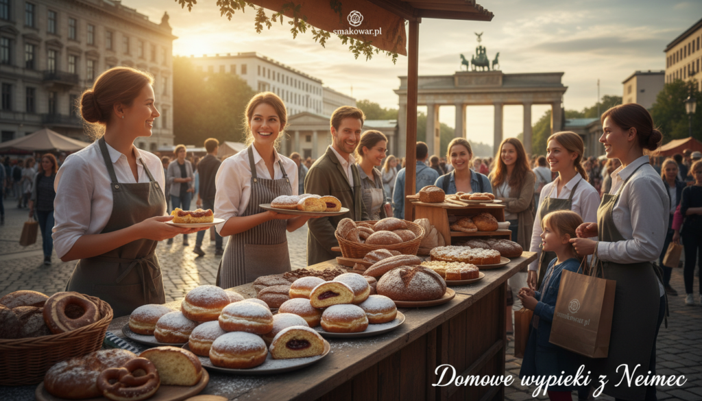 A picturesque scene capturing the essence of "Berliner Luft," featuring a vibrant Berlin street market. In the foreground, a table laden with an array of freshly baked Berliner pastries dusted with powdered sugar, showcasing their fluffy, golden interiors. The middle ground presents cheerful vendors in professional attire, engaging warmly with customers while offering samples of traditional German breads and pastries, creating an inviting atmosphere. In the background, iconic Berlin architecture, such as ornate buildings and the famous Brandenburg Gate, is softly lit by the golden light of a late afternoon sun. The ambiance is lively yet cozy, imbued with a sense of delightful culinary exploration. Ideal for the article "Domowe wypieki z Niemiec" to evoke a sense of community and the joy of sharing sweet treats. This image is branded with "smakowar.pl" subtly integrated into the design elements.