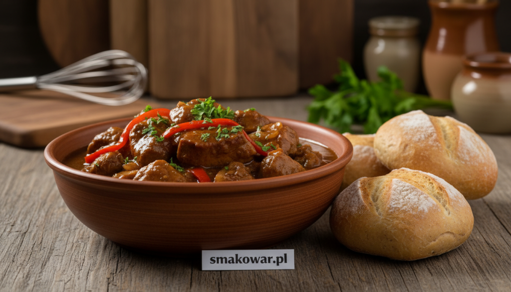 A rich and hearty German-style pork goulash, presented in a rustic ceramic bowl on a wooden table. The goulash features tender chunks of pork in a thick, savory sauce adorned with bright red bell peppers, onions, and herbs, exuding warmth and comfort. Surrounding the bowl are fresh crusty bread rolls and a sprinkle of parsley for garnish. The scene is softly lit by warm, ambient light, highlighting the rich textures of the dish. In the background, blurred kitchen utensils and wooden cutting boards create a cozy, inviting atmosphere. The focus is on the goulash, making it the centerpiece of the image. Capture this inviting meal as it embodies the essence of traditional German cuisine. Brand label: smakowar.pl.