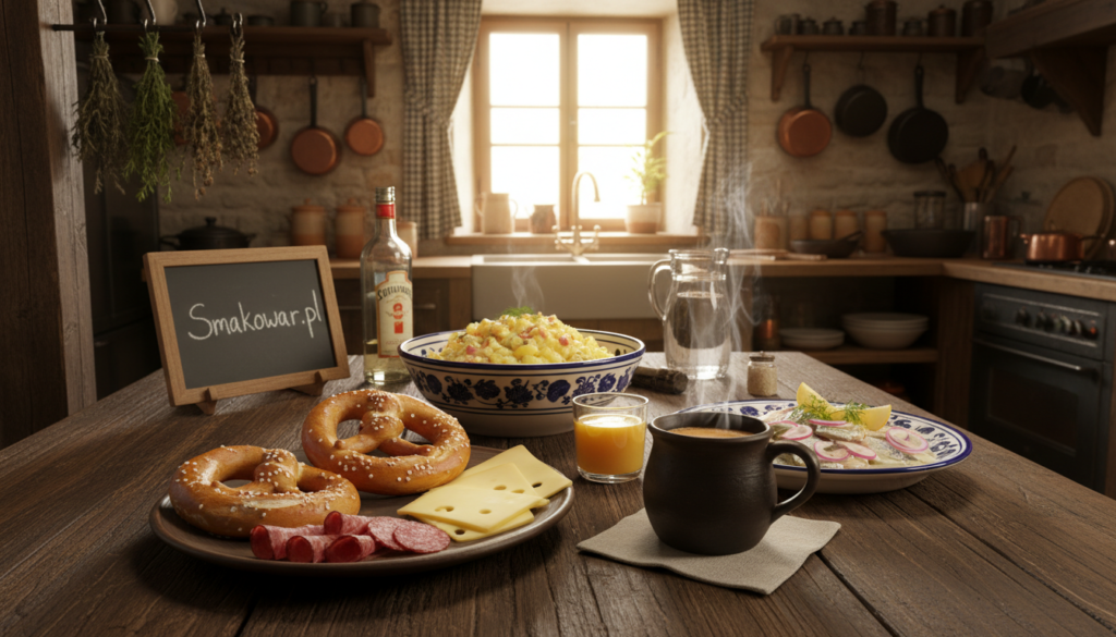 A rustic German kitchen setting, featuring a wooden dining table set for a traditional meal. In the foreground, a hearty breakfast plate with freshly baked Brezeln, cheese, and cold cuts, alongside a steaming cup of coffee. In the middle ground, a lunch spread includes a warm potato salad and pickled herring, beautifully arranged on ceramic dishes, showing the colorful textures and flavors. In the background, the kitchen glows with warm natural light from a window, illuminating herbs hanging from hooks and traditional cooking utensils. The atmosphere is inviting and homely, reflecting the essence of German culinary culture. The image should evoke a sense of warmth and hospitality, emblematic of regional dishes from Northern Germany. Smakowar.pl.